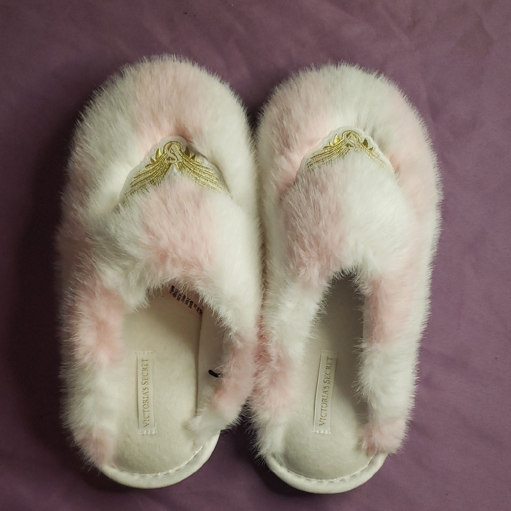 Victoria's Secret Furry Pink and White Slippers
